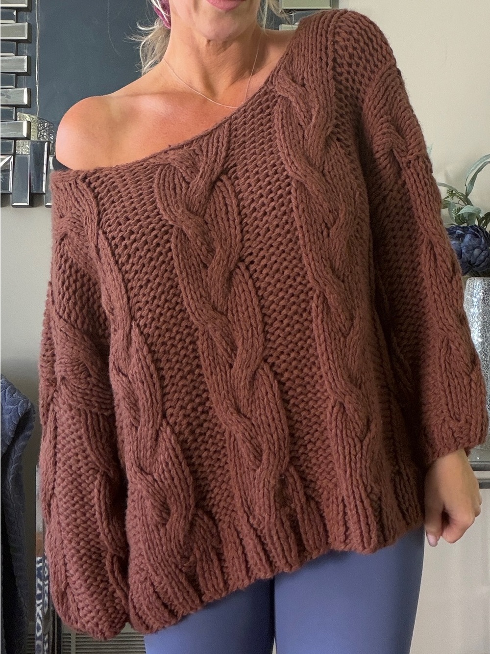 Vici Cable Knit Off-the-Shoulder Sweater - Brown